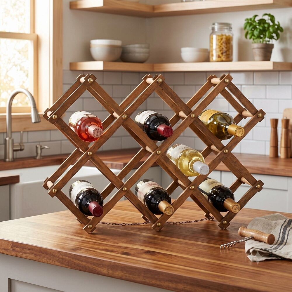 Vintage Mid Century Modern Folding Accordion Solid Wood Wine Rack Stand